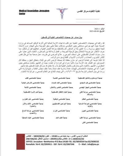 بيان صادر عن جمعيات الاختصاص الطبية في فلسطين